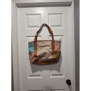 Relic by Fossil Canvas Multicolor Filagree Patchwork Tote Bag, Faux Leather Trim